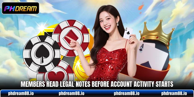 Members read legal notes before account activity starts